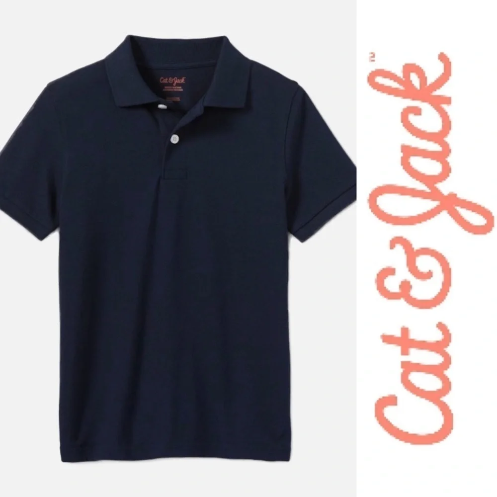 CAT & JACK Boys' Short Sleeve Pique Uniform Navy Polo Shirt - L (12/14)